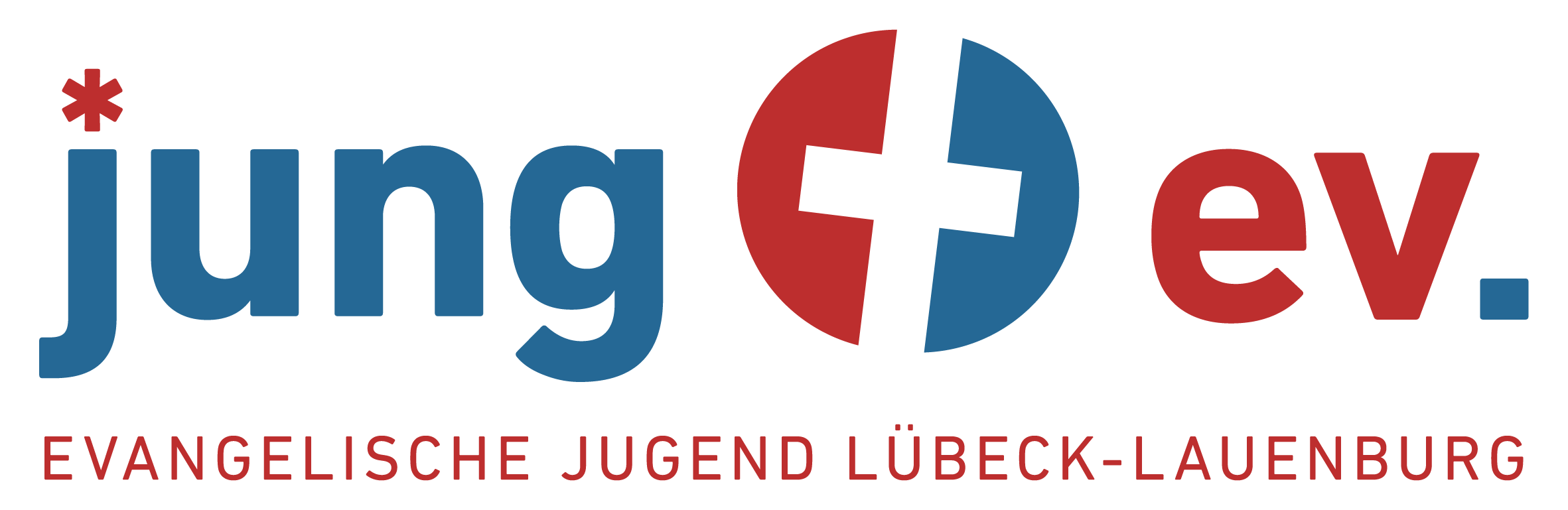Ein grau-roter Kreis mit einem grauen Kreuz oben auf, rechts daneben der Schriftzug Evangelische (in grau) Jugend (in roter Farbe) Lübeck-Lauenburg (in grau)